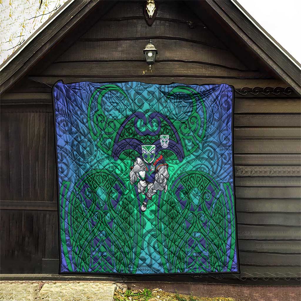 New Zealand Warriors Rugby Quilt Polynesian Tribal Warrior Mask Green Blue Pattern
