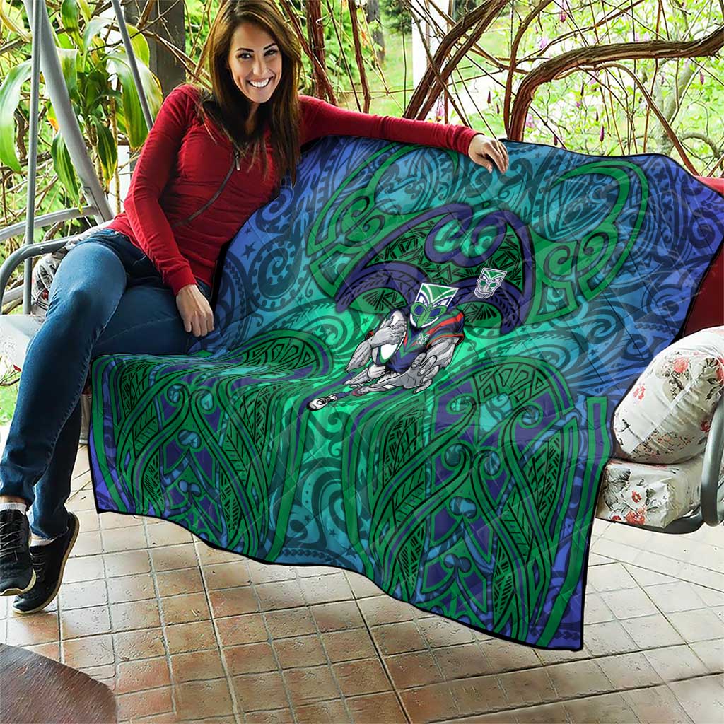 New Zealand Warriors Rugby Quilt Polynesian Tribal Warrior Mask Green Blue Pattern