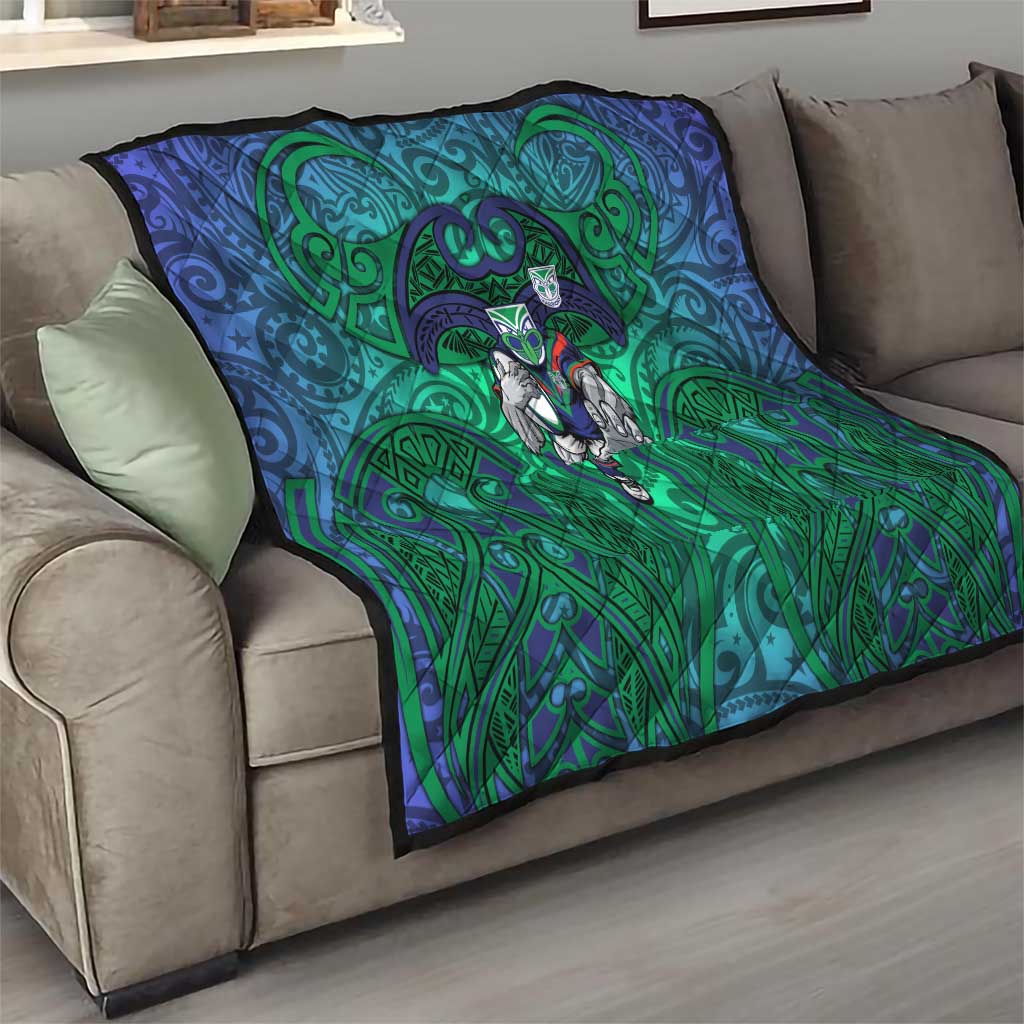 New Zealand Warriors Rugby Quilt Polynesian Tribal Warrior Mask Green Blue Pattern