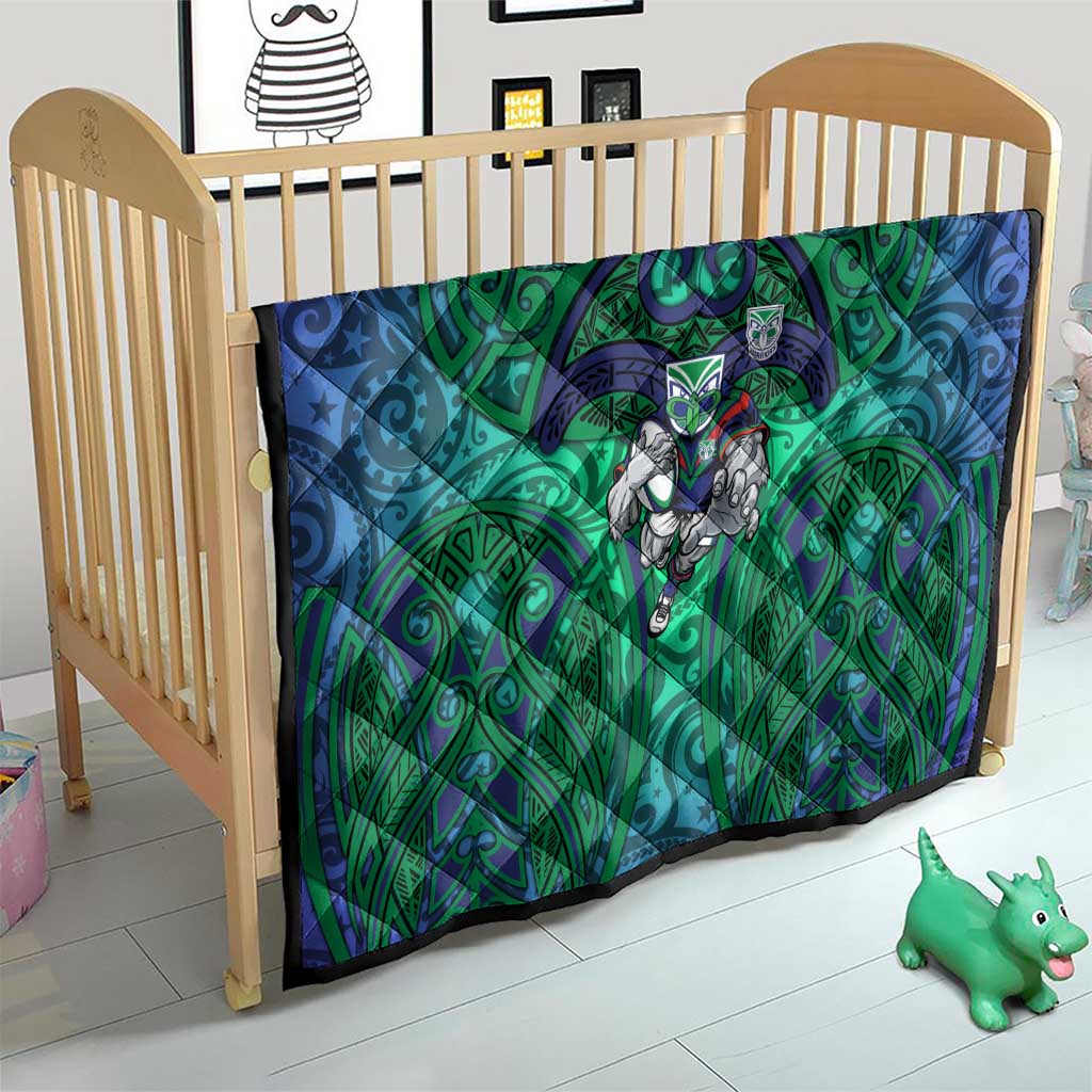 New Zealand Warriors Rugby Quilt Polynesian Tribal Warrior Mask Green Blue Pattern