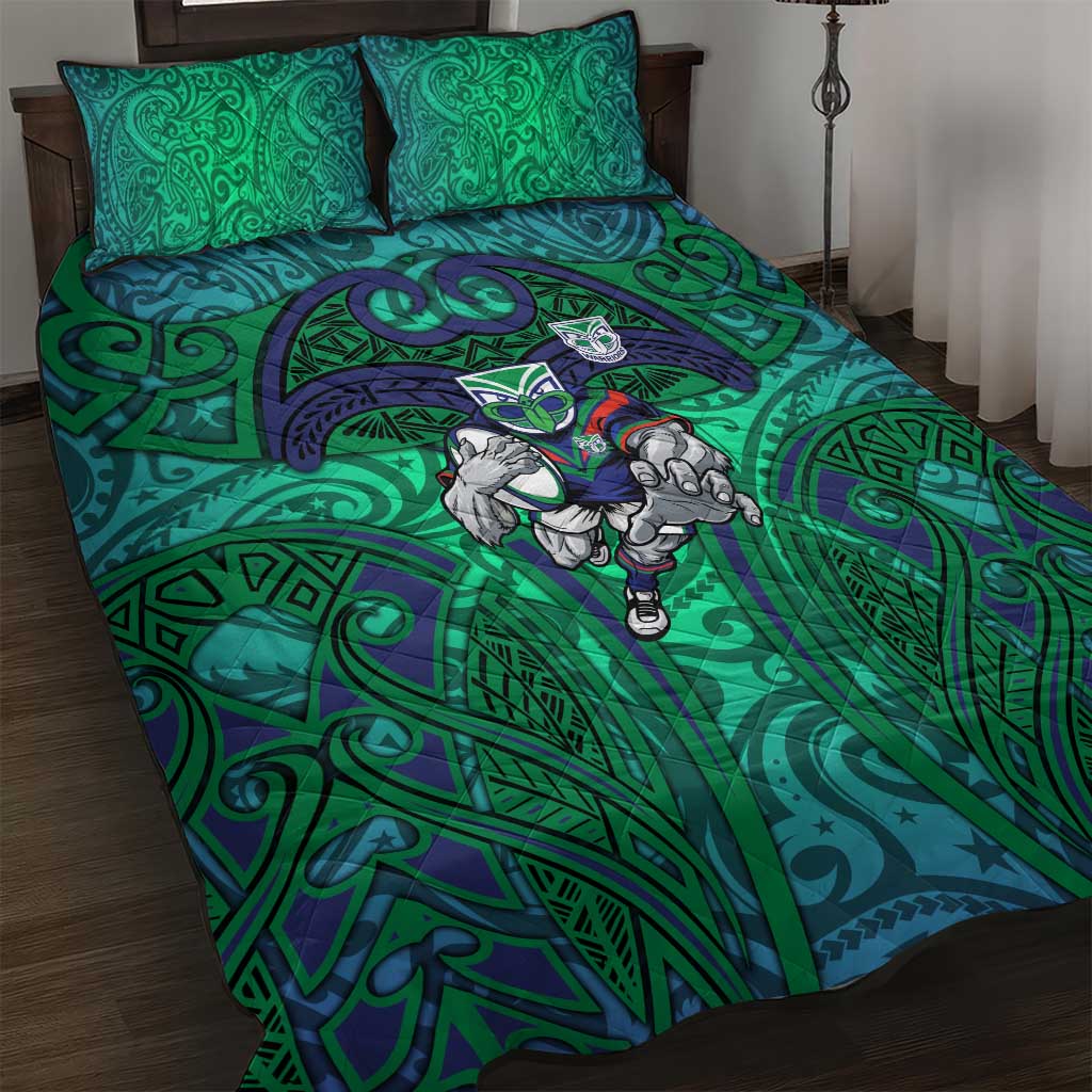 New Zealand Warriors Rugby Quilt Bed Set Polynesian Tribal Warrior Mask Green Blue Pattern