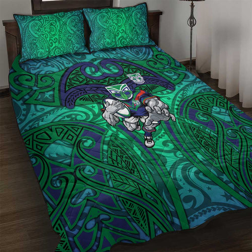 New Zealand Warriors Rugby Quilt Bed Set Polynesian Tribal Warrior Mask Green Blue Pattern