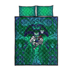 New Zealand Warriors Rugby Quilt Bed Set Polynesian Tribal Warrior Mask Green Blue Pattern