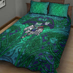 New Zealand Warriors Rugby Quilt Bed Set Polynesian Tribal Warrior Mask Green Blue Pattern