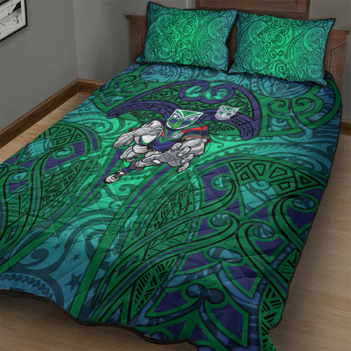 New Zealand Warriors Rugby Quilt Bed Set Polynesian Tribal Warrior Mask Green Blue Pattern