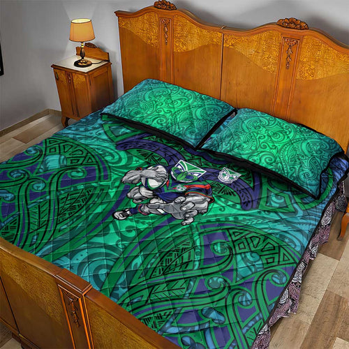 New Zealand Warriors Rugby Quilt Bed Set Polynesian Tribal Warrior Mask Green Blue Pattern