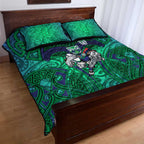 New Zealand Warriors Rugby Quilt Bed Set Polynesian Tribal Warrior Mask Green Blue Pattern