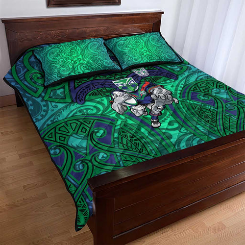 New Zealand Warriors Rugby Quilt Bed Set Polynesian Tribal Warrior Mask Green Blue Pattern