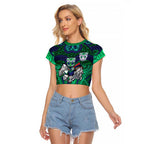 New Zealand Warriors Rugby Raglan Cropped T Shirt Polynesian Tribal Warrior Mask Green Blue Pattern