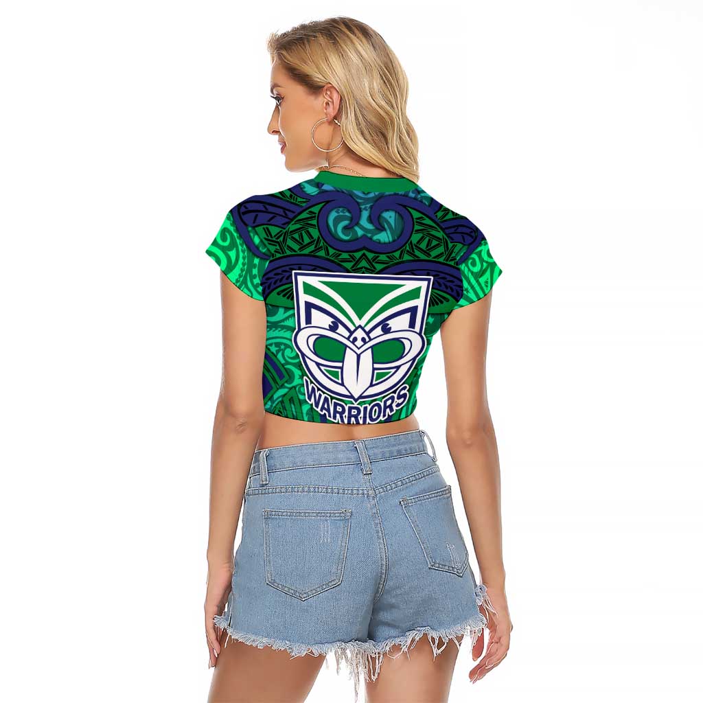 New Zealand Warriors Rugby Raglan Cropped T Shirt Polynesian Tribal Warrior Mask Green Blue Pattern