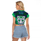 New Zealand Warriors Rugby Raglan Cropped T Shirt Polynesian Tribal Warrior Mask Green Blue Pattern