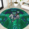 New Zealand Warriors Rugby Round Carpet Polynesian Tribal Warrior Mask Green Blue Pattern