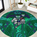 New Zealand Warriors Rugby Round Carpet Polynesian Tribal Warrior Mask Green Blue Pattern