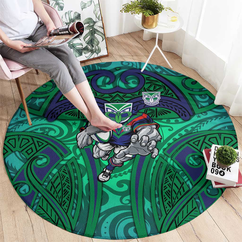 New Zealand Warriors Rugby Round Carpet Polynesian Tribal Warrior Mask Green Blue Pattern