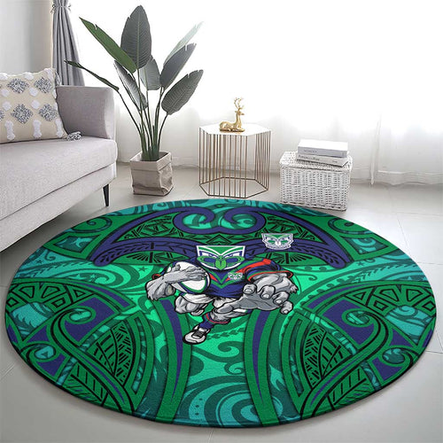 New Zealand Warriors Rugby Round Carpet Polynesian Tribal Warrior Mask Green Blue Pattern