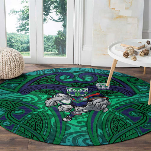 New Zealand Warriors Rugby Round Carpet Polynesian Tribal Warrior Mask Green Blue Pattern