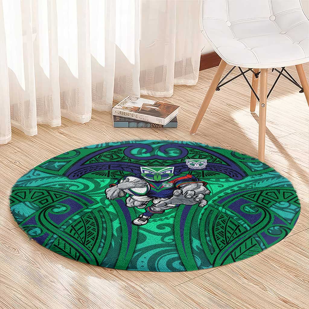 New Zealand Warriors Rugby Round Carpet Polynesian Tribal Warrior Mask Green Blue Pattern