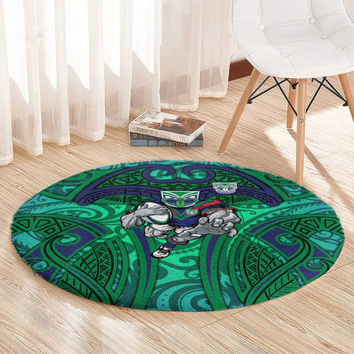 New Zealand Warriors Rugby Round Carpet Polynesian Tribal Warrior Mask Green Blue Pattern