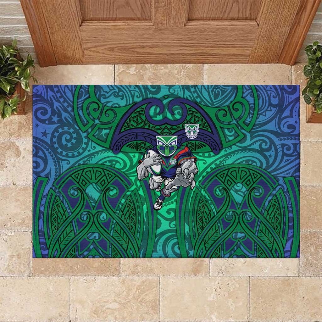 New Zealand Warriors Rugby Rubber Doormat Polynesian Tribal Warrior Mask Green Blue Pattern