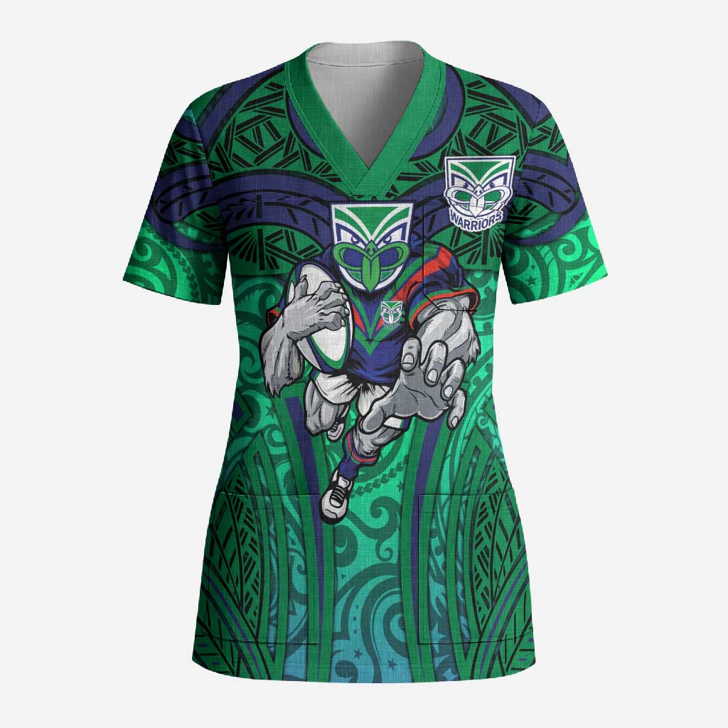 New Zealand Warriors Rugby Scrub Top Polynesian Tribal Warrior Mask Green Blue Pattern