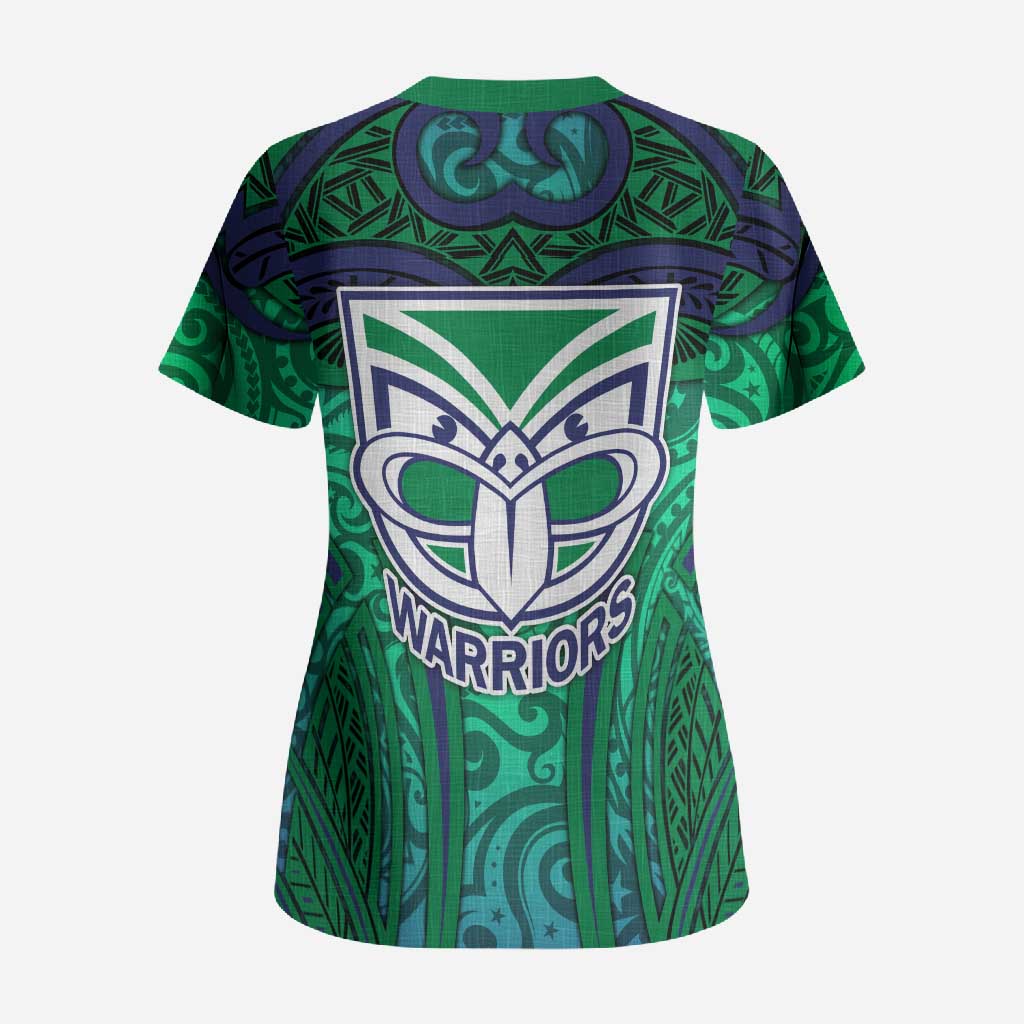 New Zealand Warriors Rugby Scrub Top Polynesian Tribal Warrior Mask Green Blue Pattern