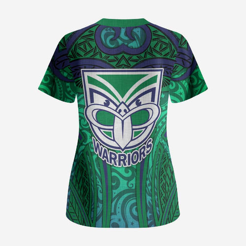 New Zealand Warriors Rugby Scrub Top Polynesian Tribal Warrior Mask Green Blue Pattern