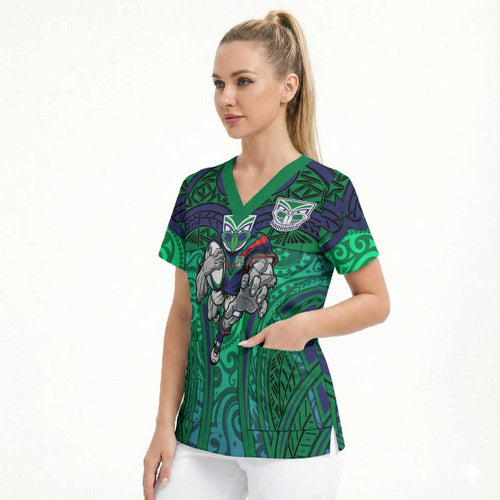 New Zealand Warriors Rugby Scrub Top Polynesian Tribal Warrior Mask Green Blue Pattern