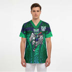 New Zealand Warriors Rugby Scrub Top Polynesian Tribal Warrior Mask Green Blue Pattern