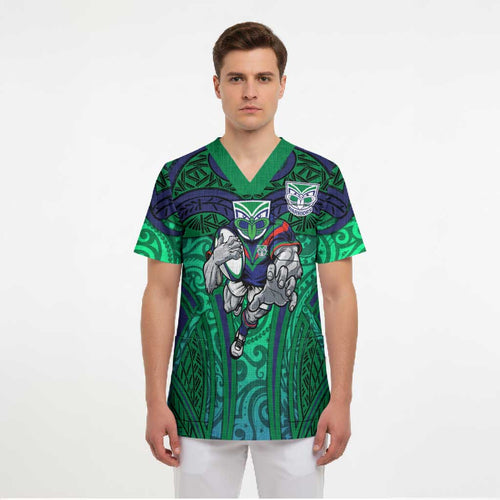 New Zealand Warriors Rugby Scrub Top Polynesian Tribal Warrior Mask Green Blue Pattern