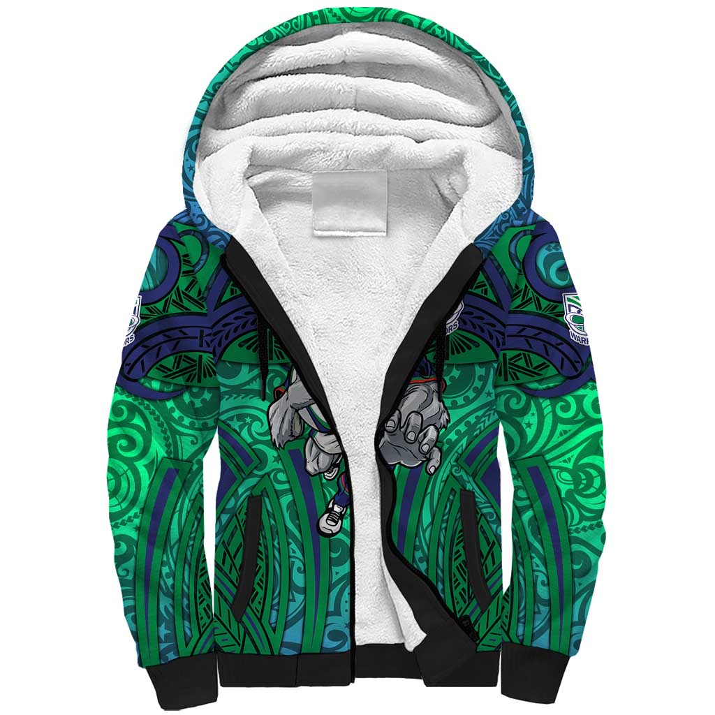 New Zealand Warriors Rugby Sherpa Hoodie Polynesian Tribal Warrior Mask Green Blue Pattern
