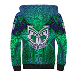 New Zealand Warriors Rugby Sherpa Hoodie Polynesian Tribal Warrior Mask Green Blue Pattern
