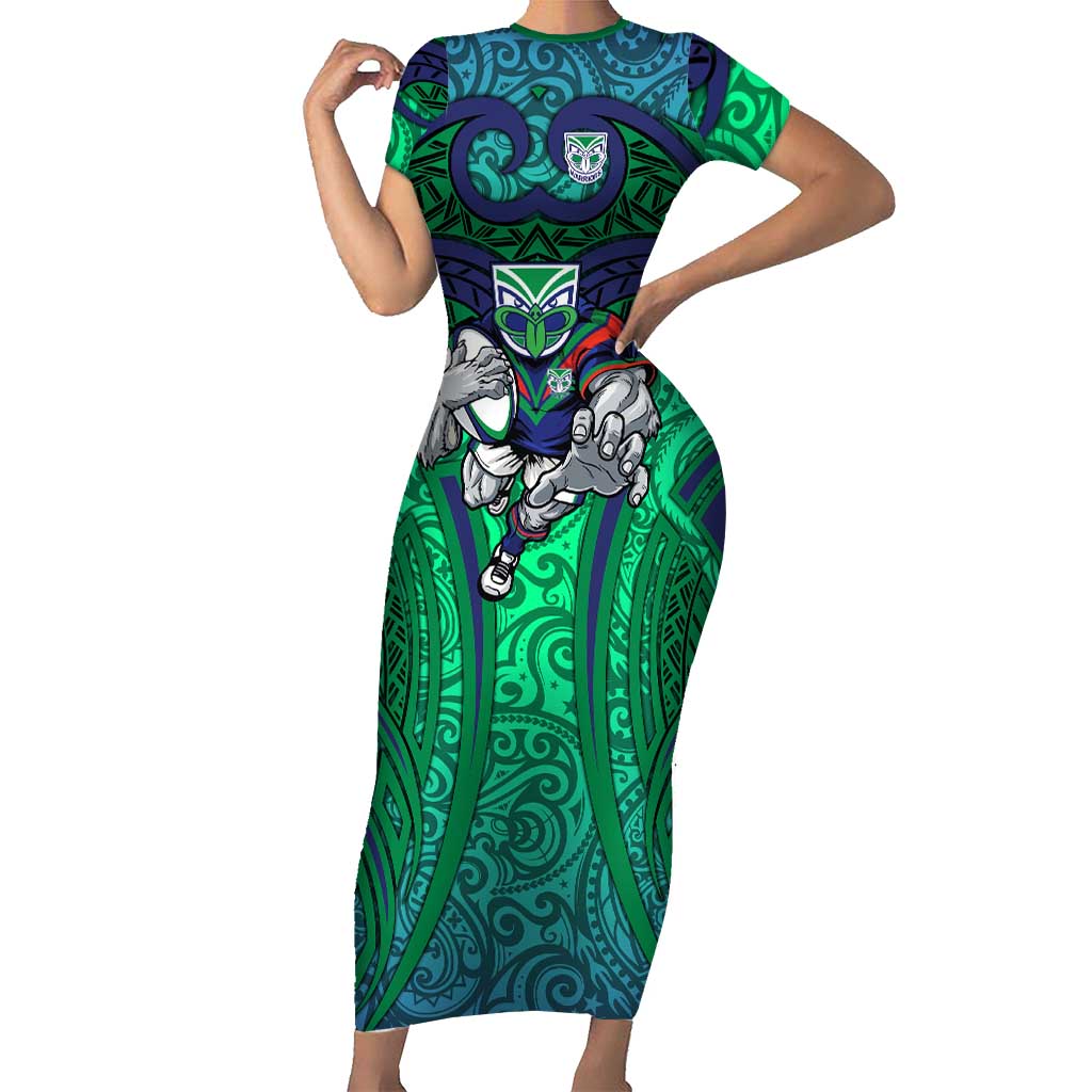 New Zealand Warriors Rugby Short Sleeve Bodycon Dress Polynesian Tribal Warrior Mask Green Blue Pattern