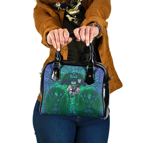 New Zealand Warriors Rugby Shoulder Handbag Polynesian Tribal Warrior Mask Green Blue Pattern