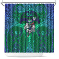 New Zealand Warriors Rugby Shower Curtain Polynesian Tribal Warrior Mask Green Blue Pattern
