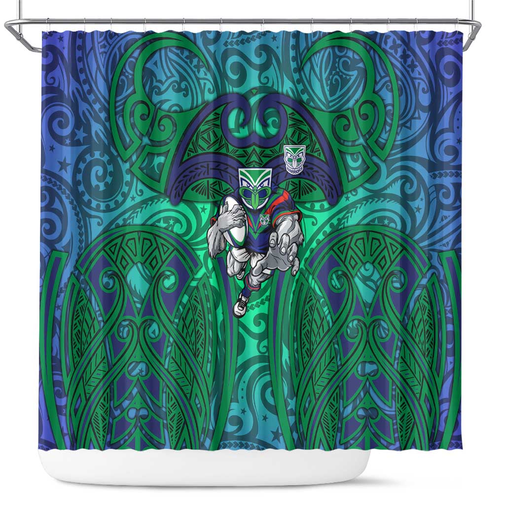 New Zealand Warriors Rugby Shower Curtain Polynesian Tribal Warrior Mask Green Blue Pattern