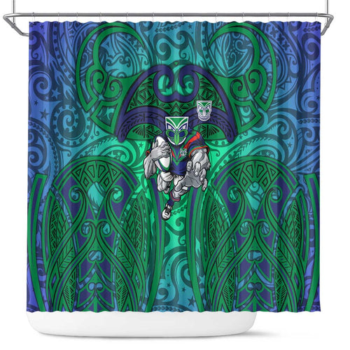 New Zealand Warriors Rugby Shower Curtain Polynesian Tribal Warrior Mask Green Blue Pattern