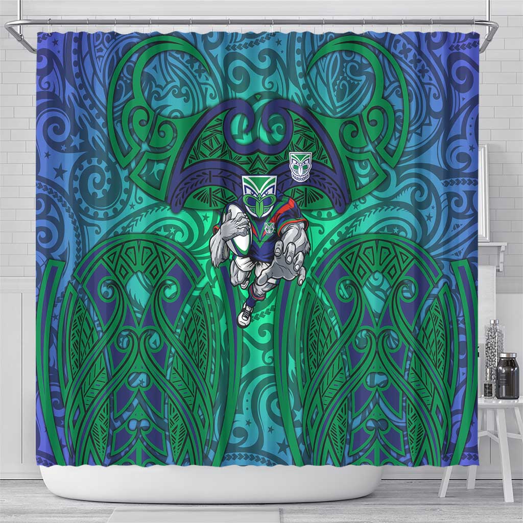 New Zealand Warriors Rugby Shower Curtain Polynesian Tribal Warrior Mask Green Blue Pattern