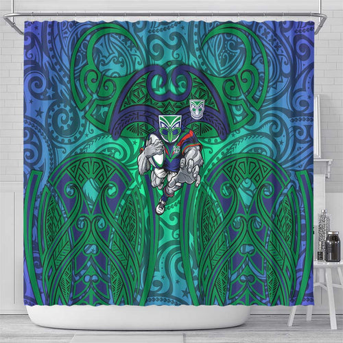 New Zealand Warriors Rugby Shower Curtain Polynesian Tribal Warrior Mask Green Blue Pattern