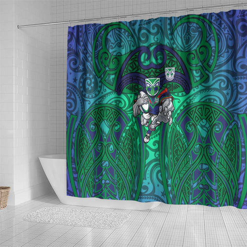 New Zealand Warriors Rugby Shower Curtain Polynesian Tribal Warrior Mask Green Blue Pattern