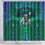 New Zealand Warriors Rugby Shower Curtain Polynesian Tribal Warrior Mask Green Blue Pattern