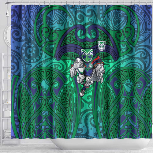 New Zealand Warriors Rugby Shower Curtain Polynesian Tribal Warrior Mask Green Blue Pattern