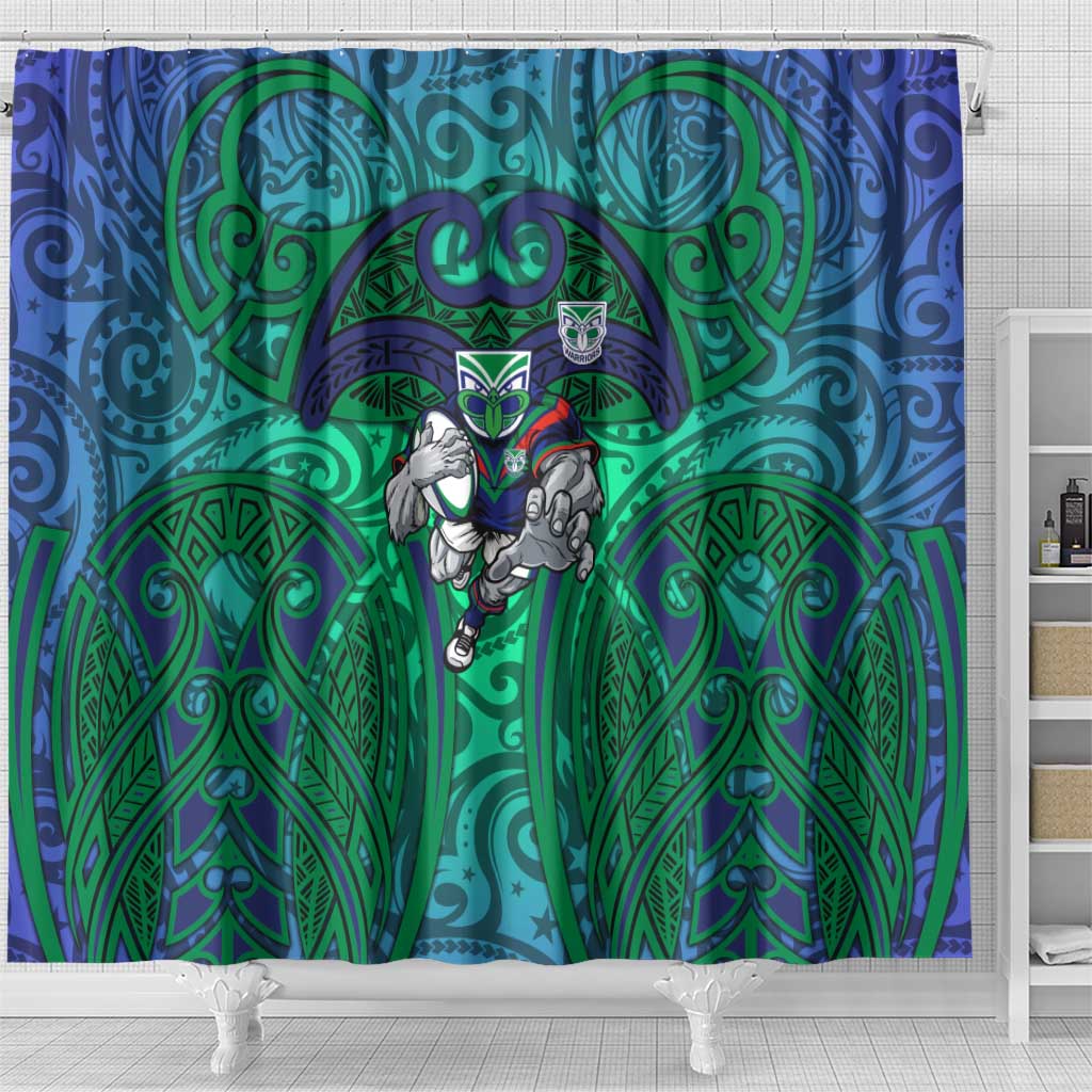 New Zealand Warriors Rugby Shower Curtain Polynesian Tribal Warrior Mask Green Blue Pattern