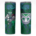 New Zealand Warriors Rugby Skinny Tumbler Polynesian Tribal Warrior Mask Green Blue Pattern