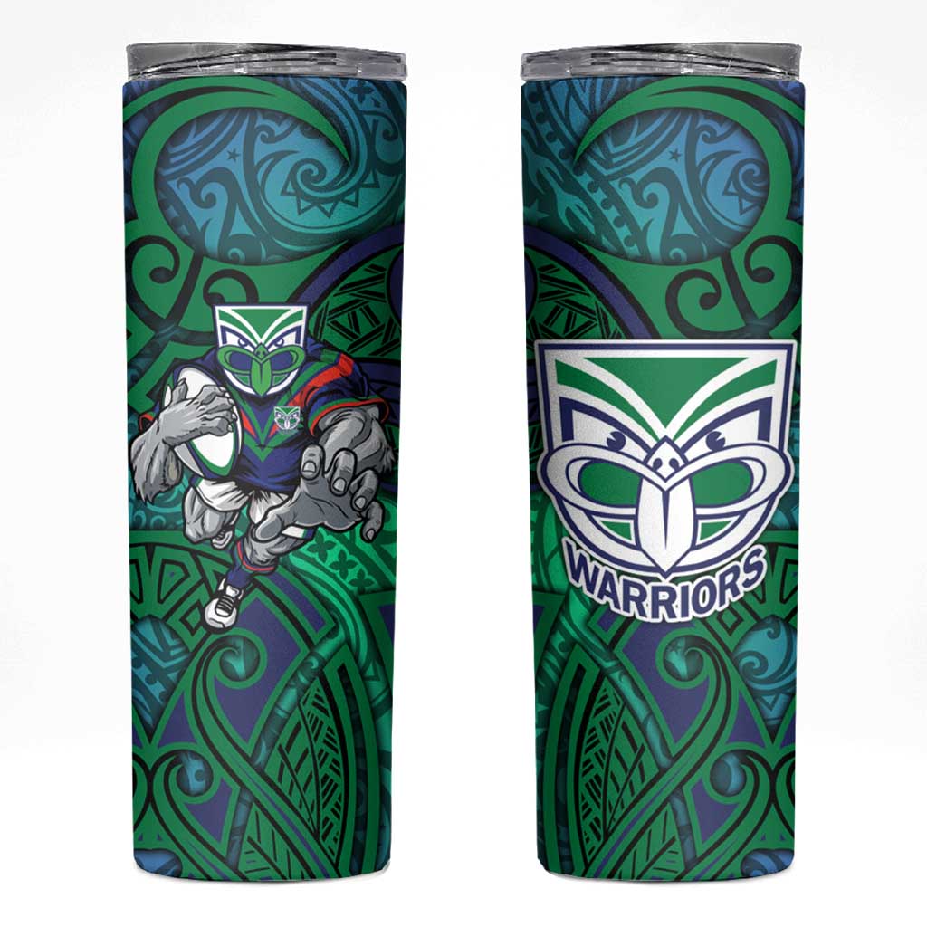 New Zealand Warriors Rugby Skinny Tumbler Polynesian Tribal Warrior Mask Green Blue Pattern
