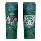 New Zealand Warriors Rugby Skinny Tumbler Polynesian Tribal Warrior Mask Green Blue Pattern