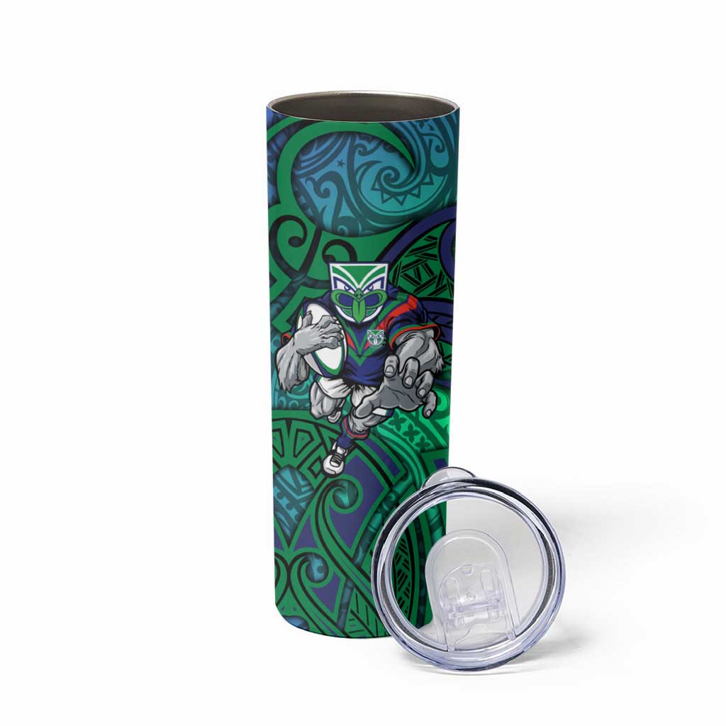 New Zealand Warriors Rugby Skinny Tumbler Polynesian Tribal Warrior Mask Green Blue Pattern