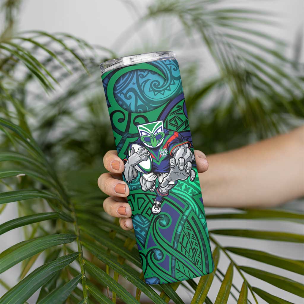 New Zealand Warriors Rugby Skinny Tumbler Polynesian Tribal Warrior Mask Green Blue Pattern