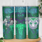 New Zealand Warriors Rugby Skinny Tumbler Polynesian Tribal Warrior Mask Green Blue Pattern
