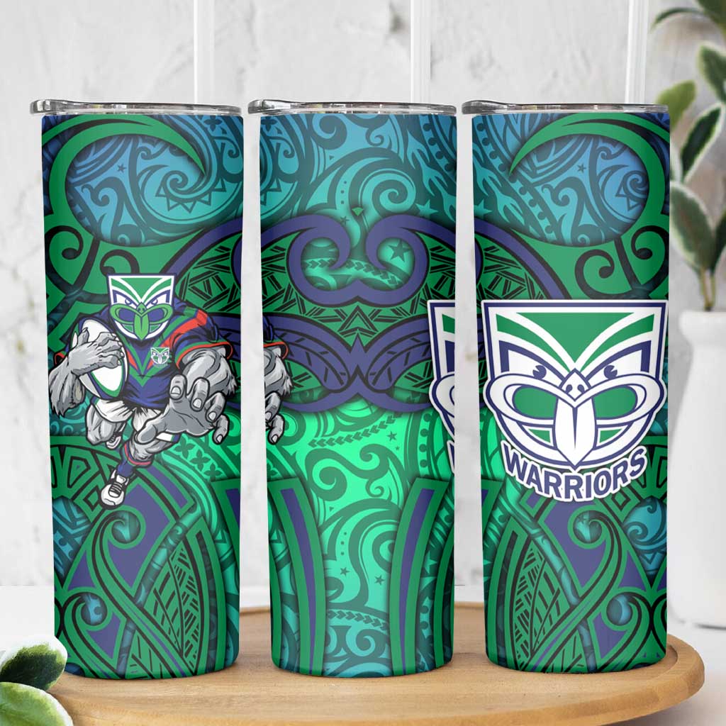 New Zealand Warriors Rugby Skinny Tumbler Polynesian Tribal Warrior Mask Green Blue Pattern