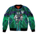 New Zealand Warriors Rugby Sleeve Zip Bomber Jacket Polynesian Tribal Warrior Mask Green Blue Pattern